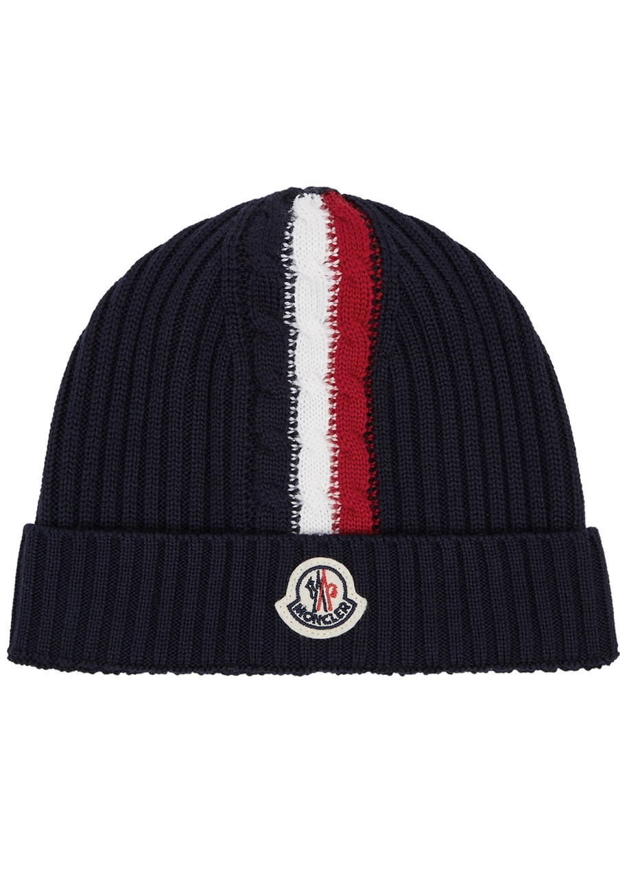 Moncler Kids Navy Striped Ribbed Wool Beanie In Blue