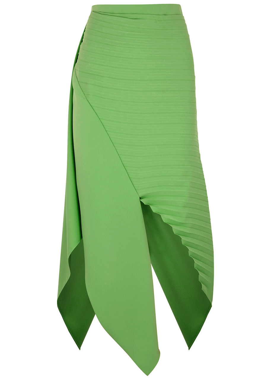 A.w.a.k.e. Diagonal Pleated Asymmetric Midi Skirt In Green