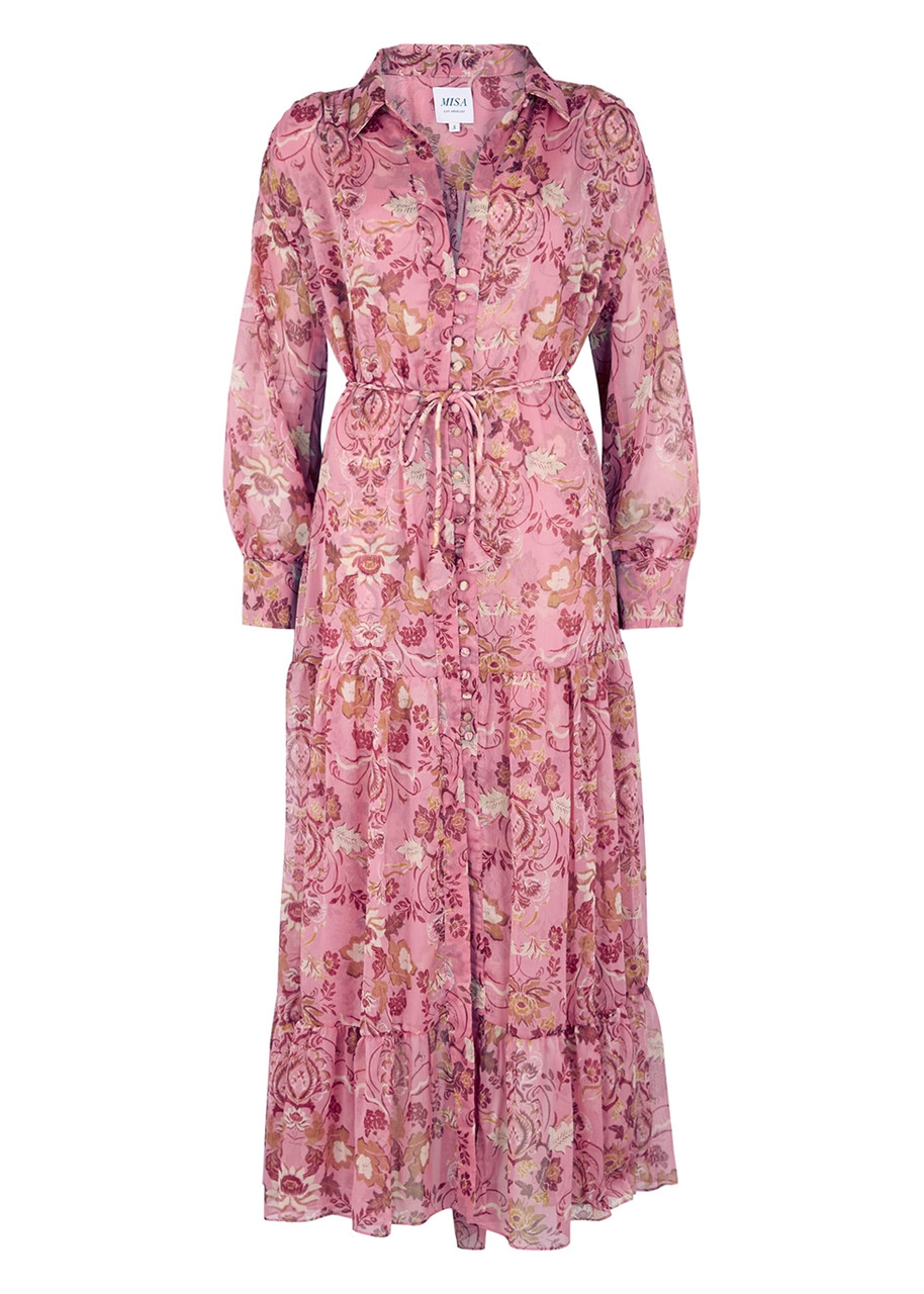 Misa Leigh Pink Floral-print Chiffon Dress In Burgundy