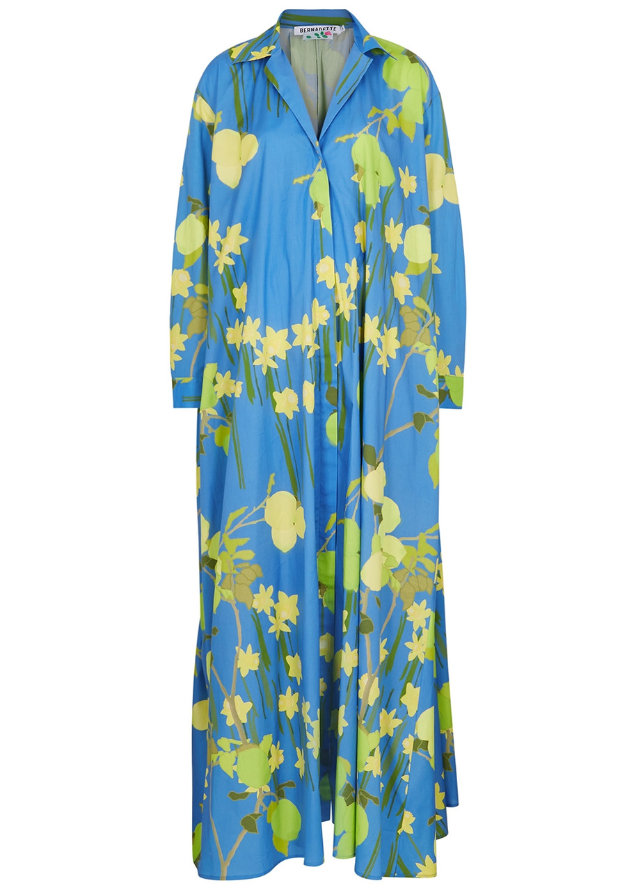 Bernadette Gregory Blue Floral-print Stretch-cotton Maxi Dress