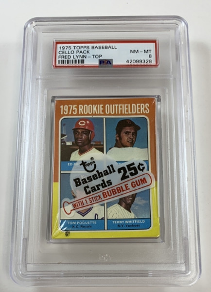 1975 Topps Baseball Cello Pack Rookie Outfielders (Lynn) / Foli PSA 8 NM-MT