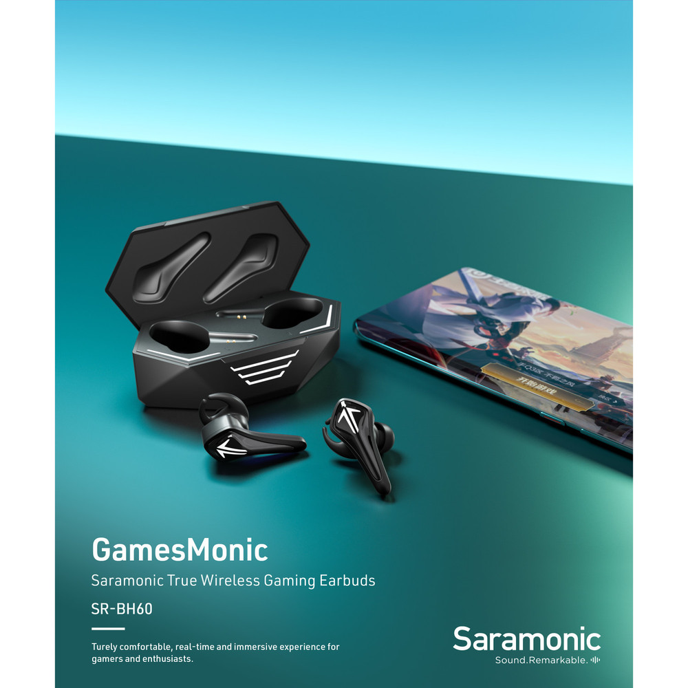 Saramonic SR-BH60-B GamesMonic BT 5.0 Wireless TWS Earbuds w/Mic, Charging Case, Enhanced Sound & Bass (Black) (Open Box)