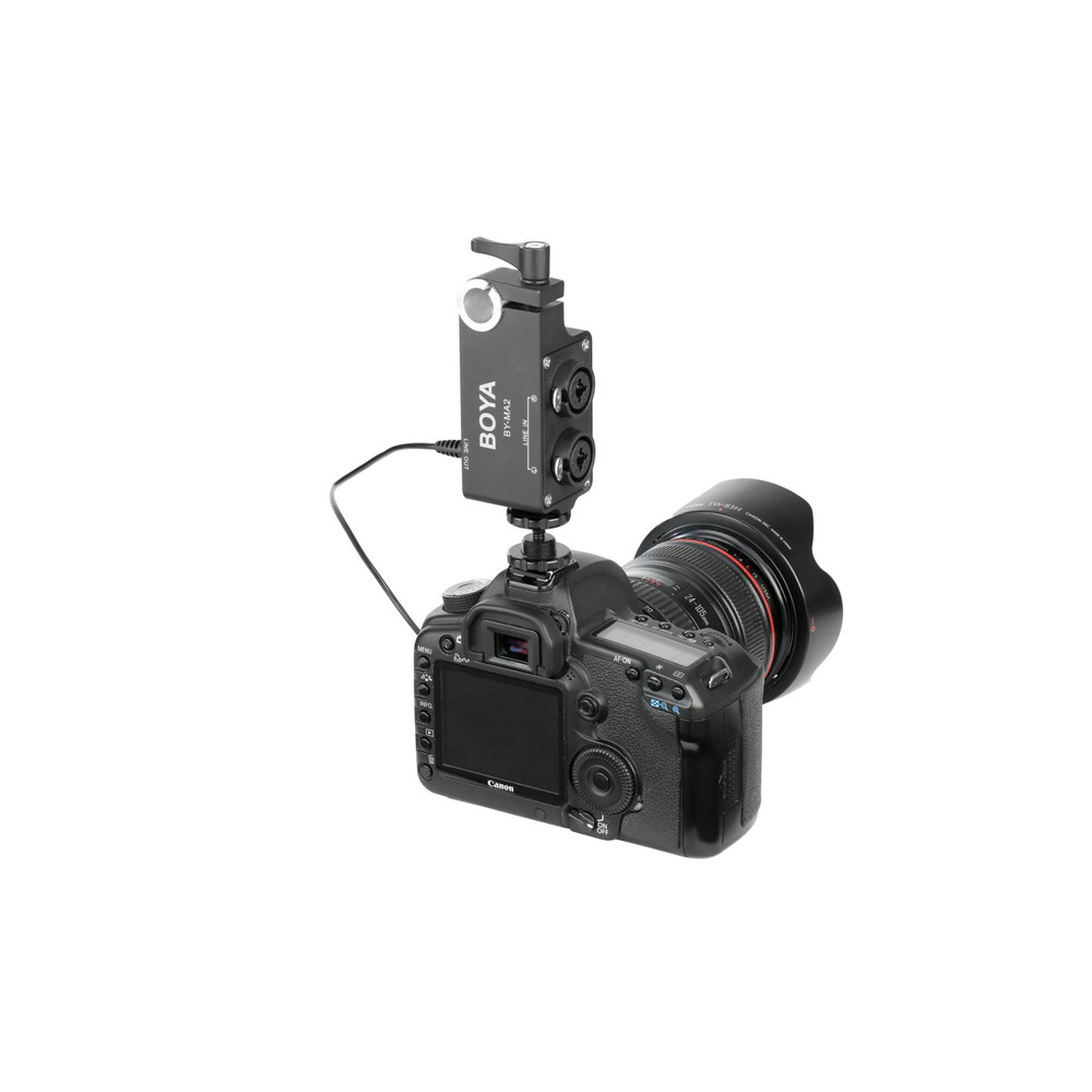 Boya BOYA BY-MA2 2-channel On-Camera XLR Audio Mixer for DSLR, Miirrorless and Video Cameras with 3.5mm TRS Output, Shoe Mount and 15mm & 19mm Rod Mounting (Open Box)