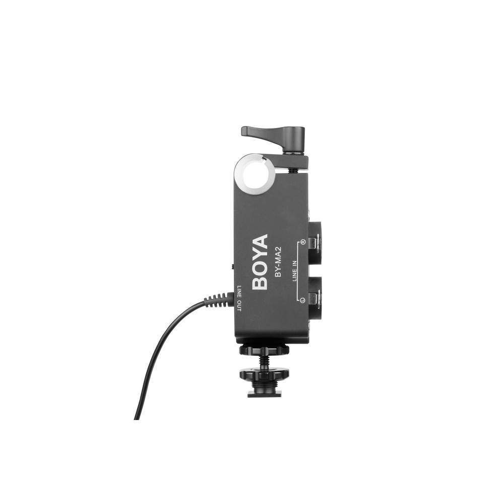Boya BOYA BY-MA2 2-channel On-Camera XLR Audio Mixer for DSLR, Miirrorless and Video Cameras with 3.5mm TRS Output, Shoe Mount and 15mm & 19mm Rod Mounting (Open Box)