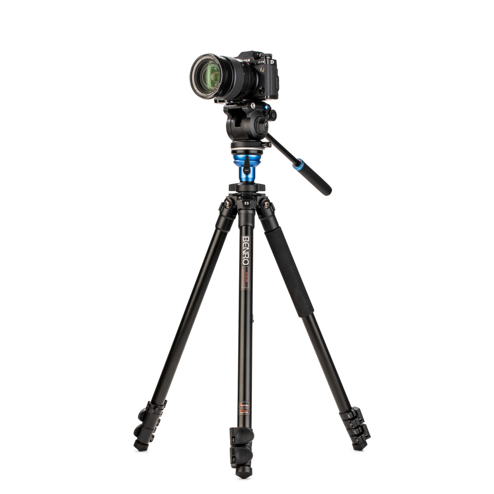 Benro Video Tripod with S2 PRO Flat Base Fluid Video Head, 5.5 lb Max, Leveling Center Column, Aluminum Legs, Flip Lock, Carrying Case (A1573FS2PRO) (Open Box)