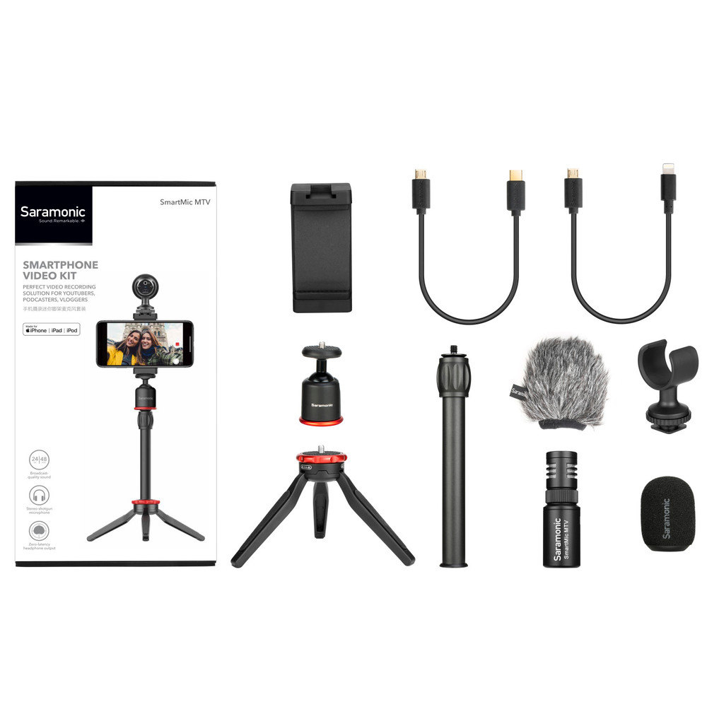 Saramonic SmartMic MTV Smartphone Vlogging Kit for iPhone & Android w/ Stereo Mic, Phone Mount, Tripod & more (Open Box)