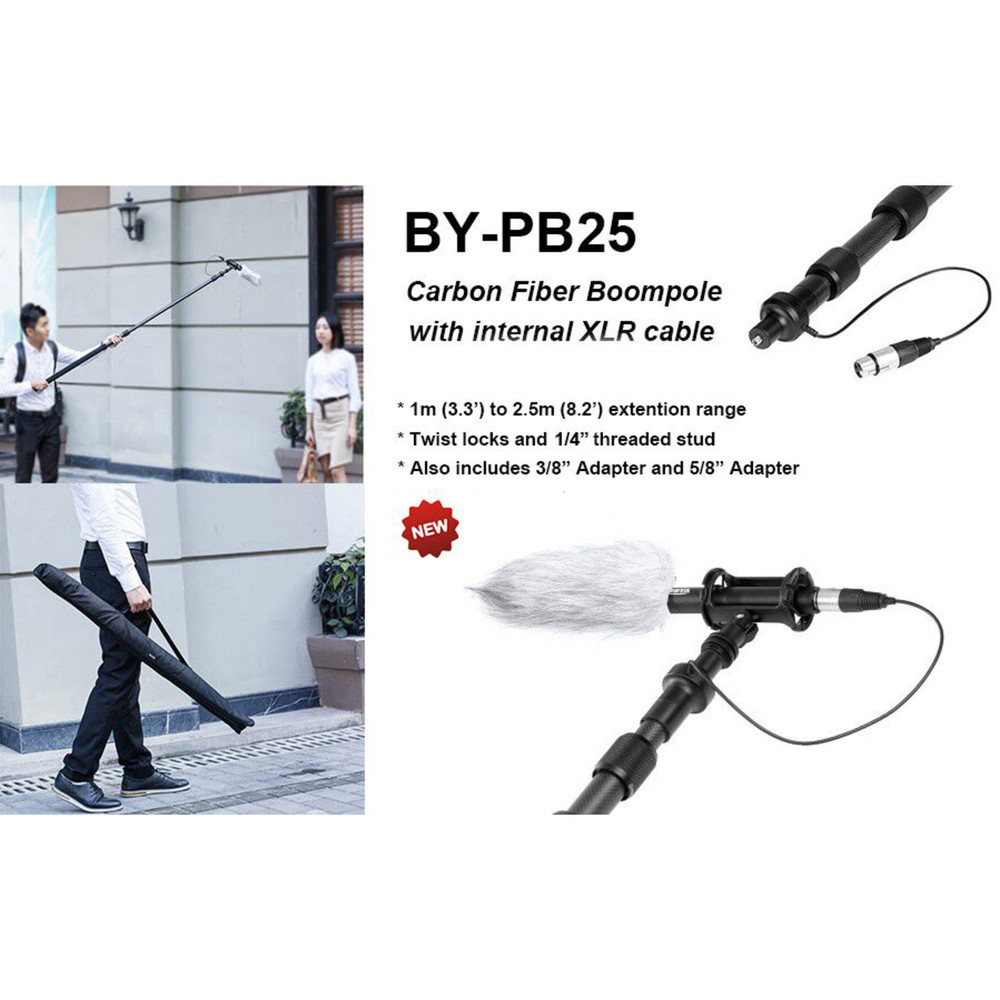 Boya BOYA BY-PB25 3-Section Carbon Fiber Boompole with Internal XLR Cable 3.5' (1m) Collapsed to 8.2' (2.5m) Extended (Open Box)