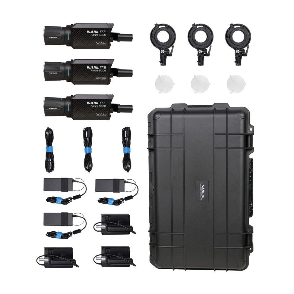 Nanlite Forza 60CR RGBLAC LED Spotlight with CRMX 3-Light Kit Includes Battery Grips, Bowens Adapters, Rolling Hard Case (Used)