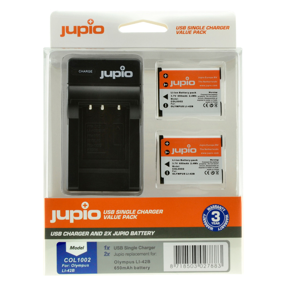 Jupio Value Pack: 2x Battery Li-40B/Li-42B/NP45/D-Li63/EN-EL10 + USB Single Charger