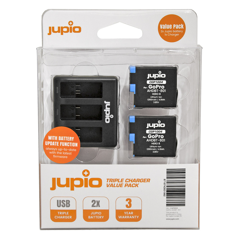 Jupio Value Pack: 2x Battery HERO8 AHDBT-801 1260mAh + Compact USB Triple Charger (update version) for GoPro