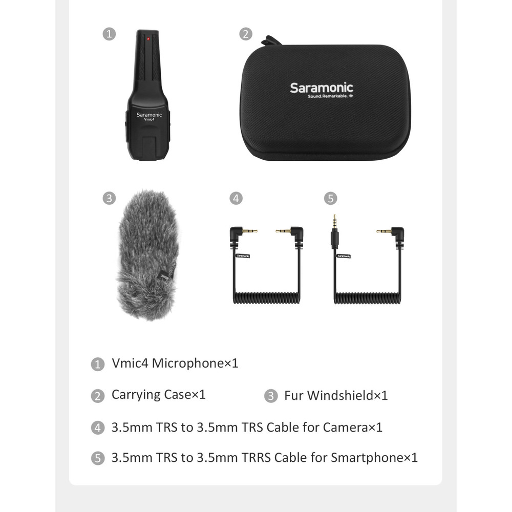 Saramonic Vmic4 Dual-Capsule AAA-Powered On-Camera Mic w/ HP Out, Mic In, Furry Windscreen, TRS & TRRS Cables