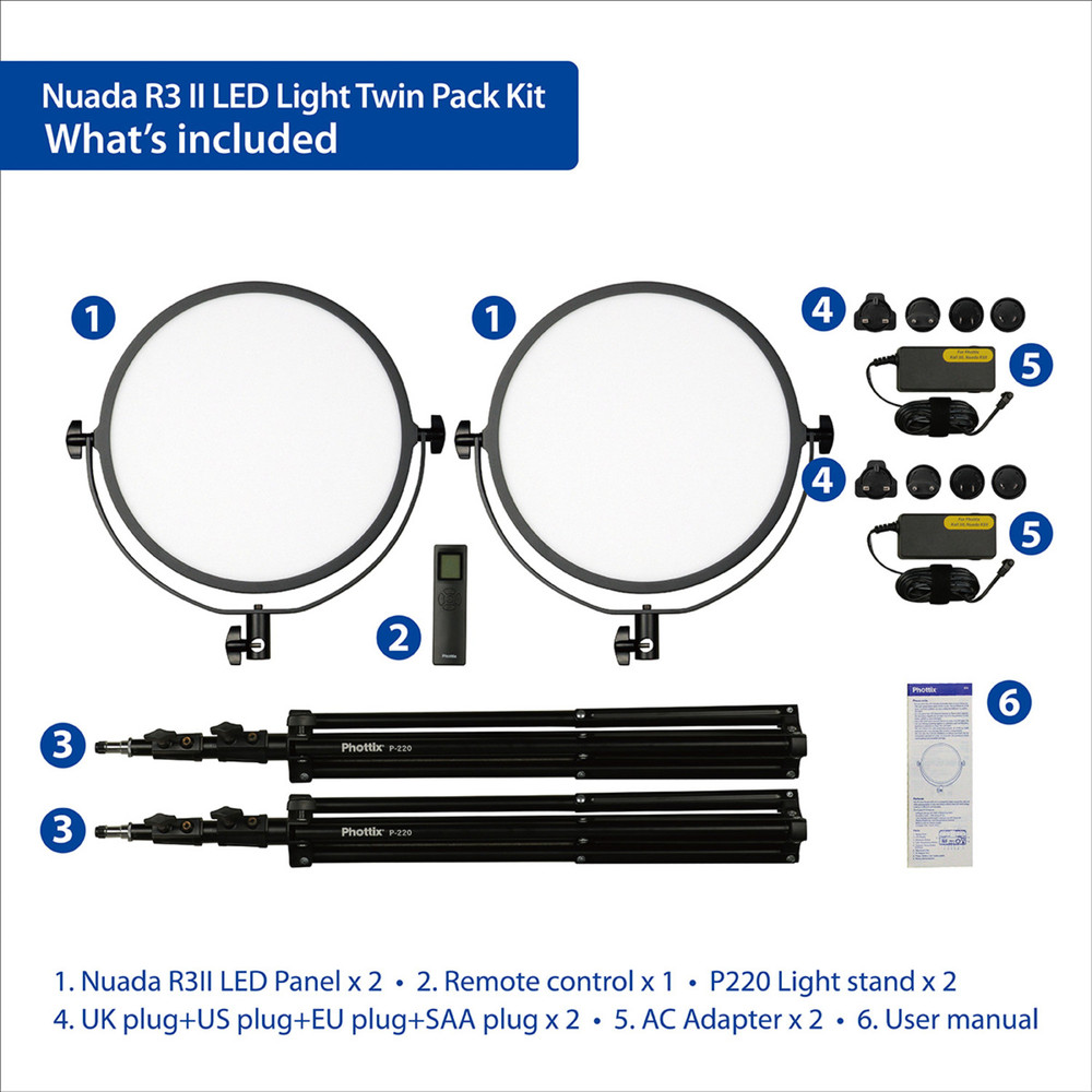 Phottix Nuada R3 II LED Light Twin Kit Set (Open Box)