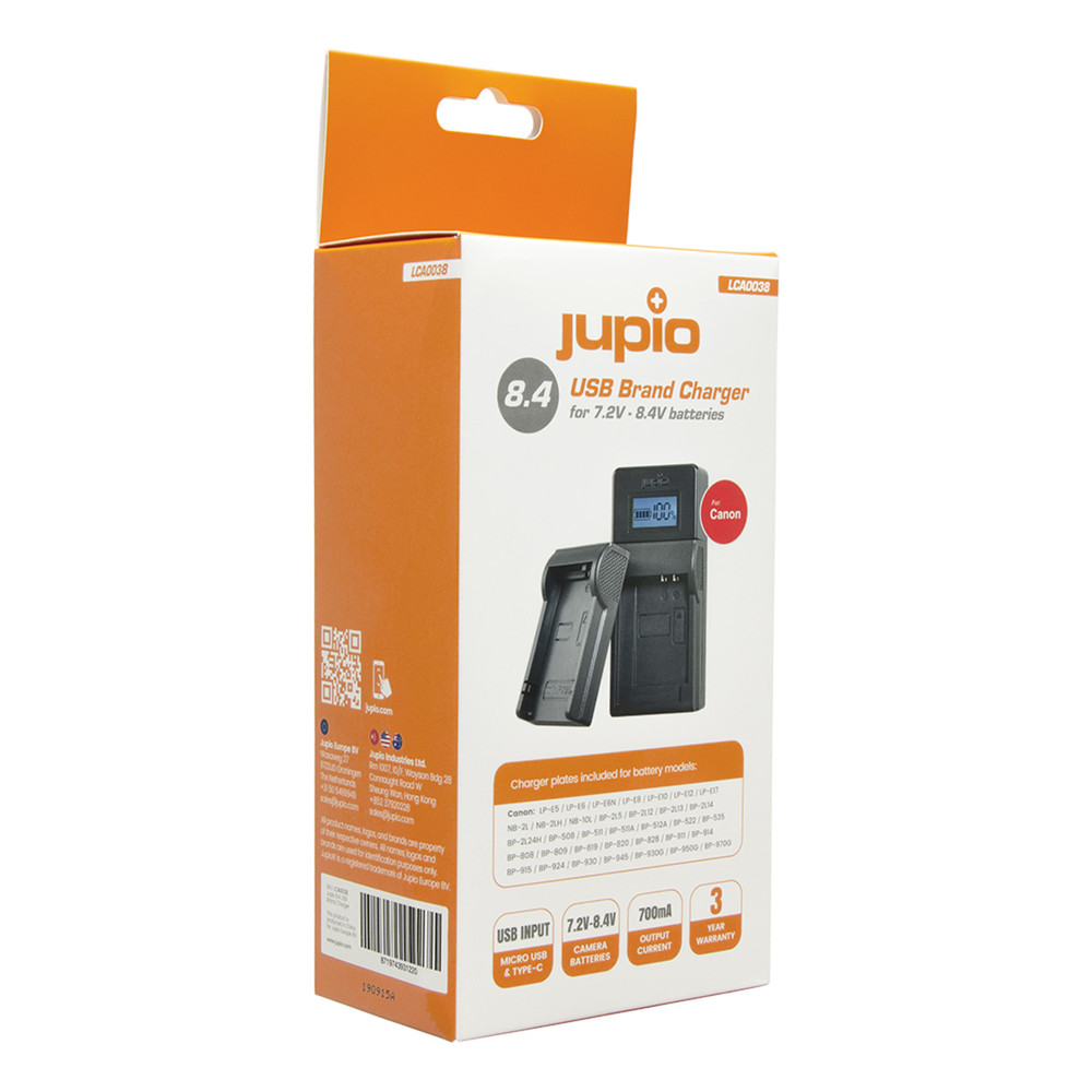Jupio USB Brand Charger Kit for Canon 7.2V-8.4V batteries (Open Box)