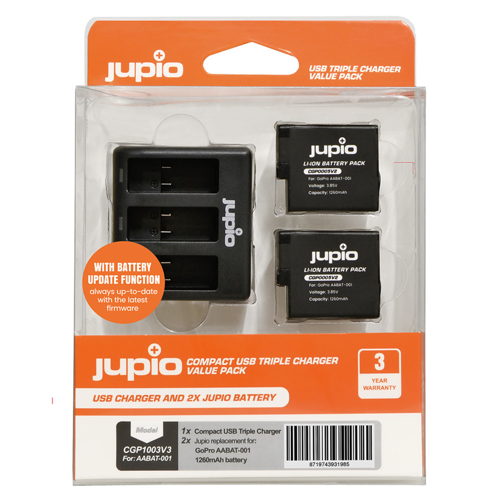 Jupio Value Pack: 2x Battery GoPro HERO5/6/7, HERO (2018) AHDBT-501 1260mAh + Compact USB Triple Charger (update version) (Open Box)