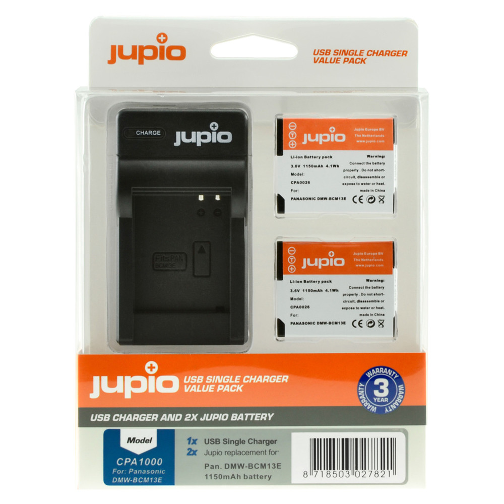 Jupio Value Pack: 2x Battery DMW-BCM13E 1150mAh + USB Single Charger (Open Box)