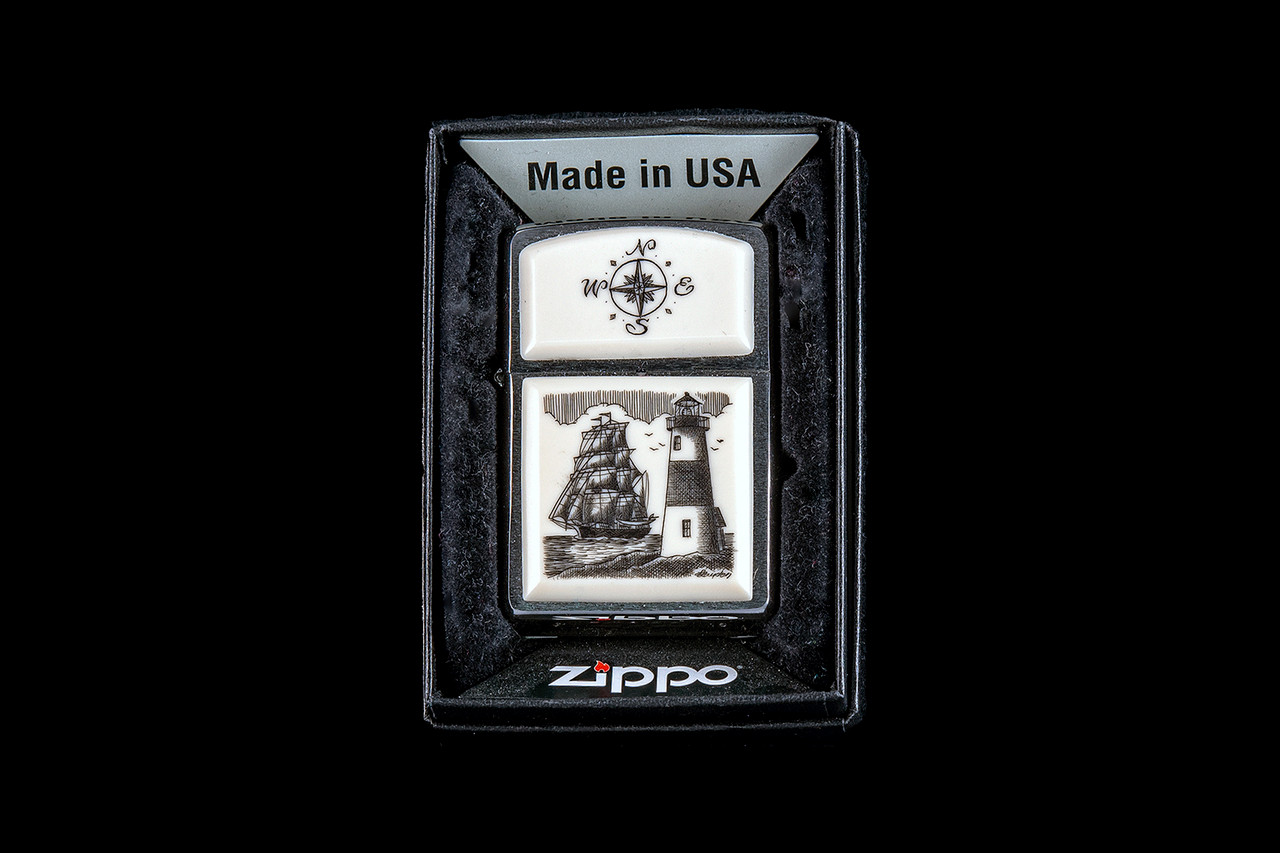 Ship and Lighthouse Eco-Ivory Scrimshaw Zippo Lighter | Save the 