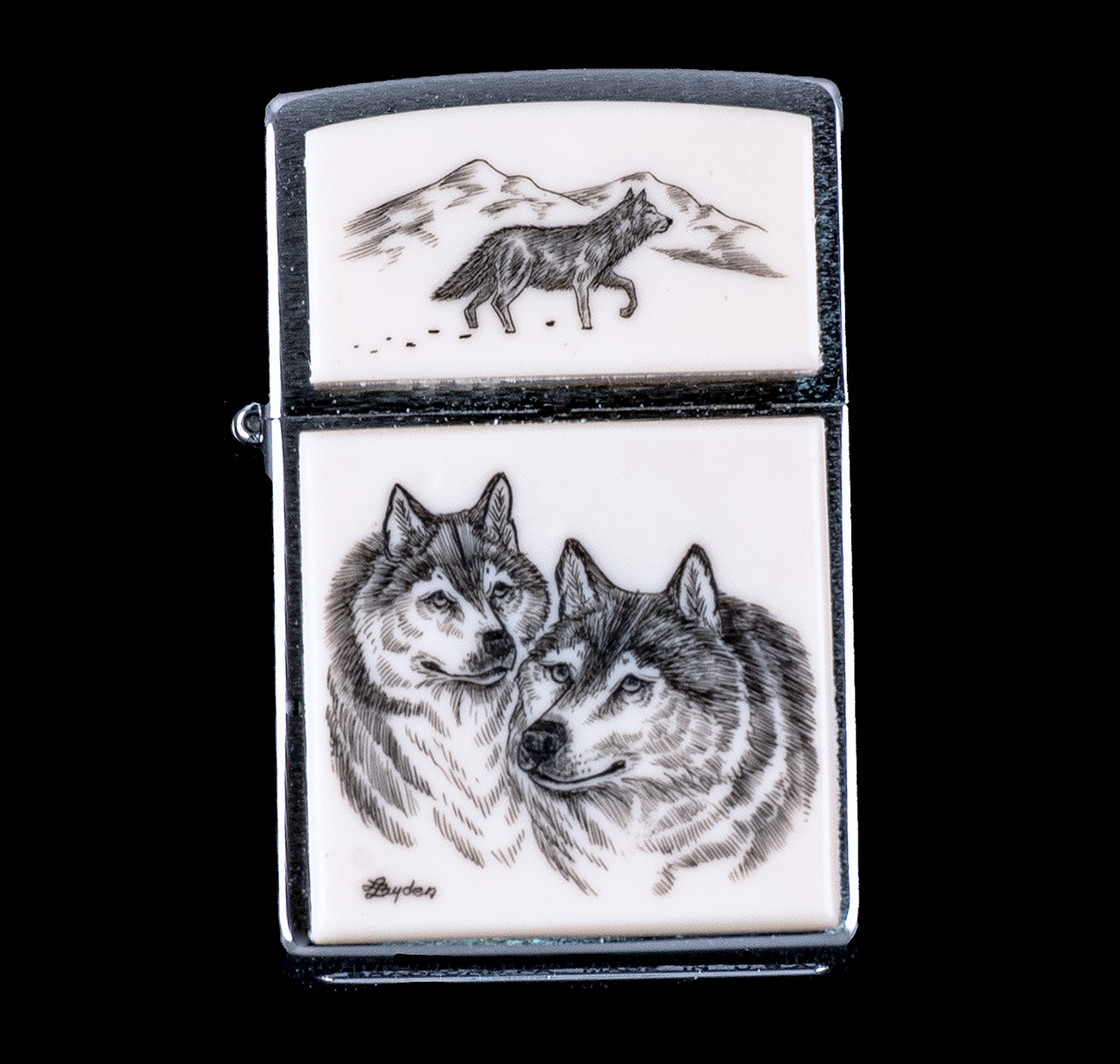 Double Wolf Eco - Ivory Scrimshaw Zippo Lighter | Save the 