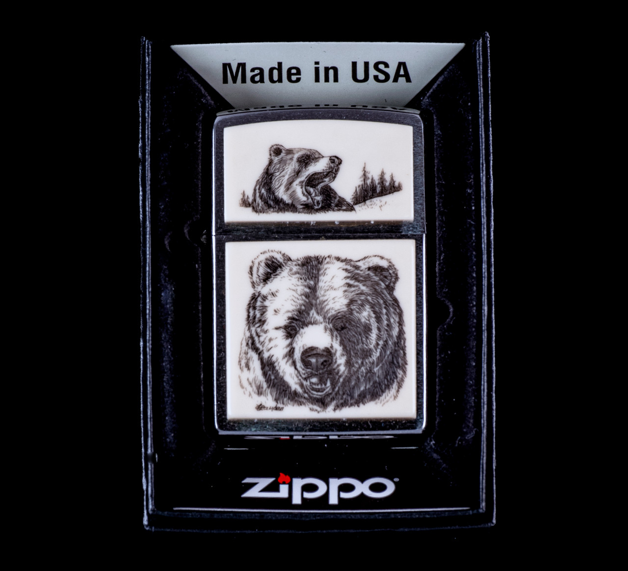 Bear Face Eco - Ivory Scrimshaw Zippo Lighter | Save the Elephant Collection