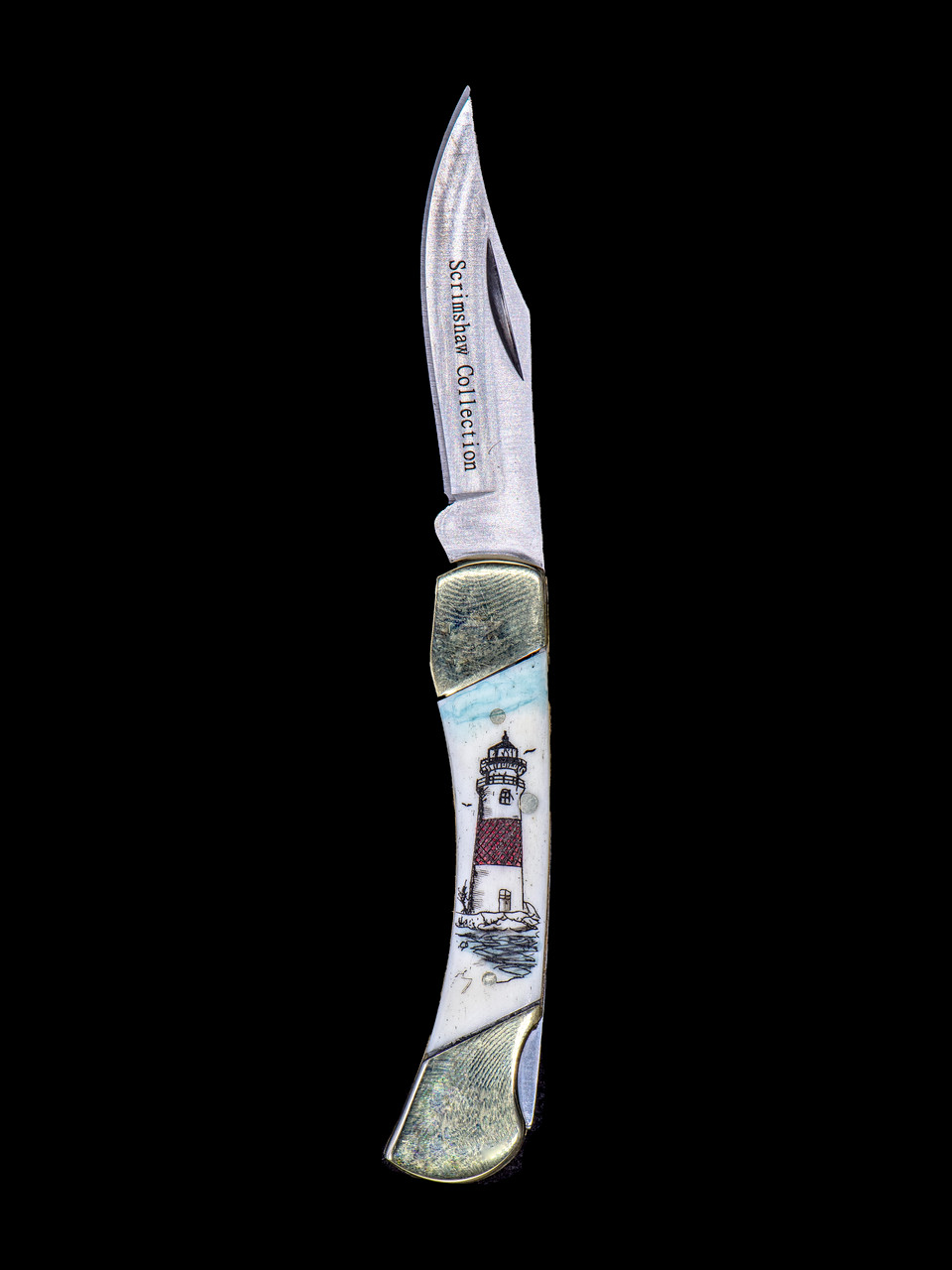 Scrimshaw Ship and Lighthouse Black/White Design Scrimshaw Collection Marlin  Spike with Folding Knife