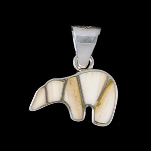 This lovely bear shape is inlayed into a sterling silver pendant.  This pendant comes with an 18" Sterling Silver chain.  The dimensions of the mammoth pendant tusk is approximately 1" x .5".