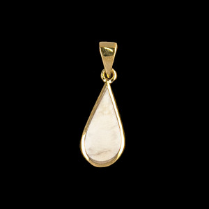 This rare teardrop mammoth piece is inlayed into a 14K Gold pendant.  This pendant comes with an 18" 14K Gold chain.  The dimensions of the mammoth pendant tusk is approximately .74" x .32".