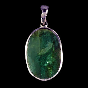 This magnificent small oval Alaskan Jade piece is inlayed into a sterling silver pendant.  This pendant comes with an 18" Sterling Silver chain.  The dimensions of the Alaskan Jade pendant is approximately .70" x .46".