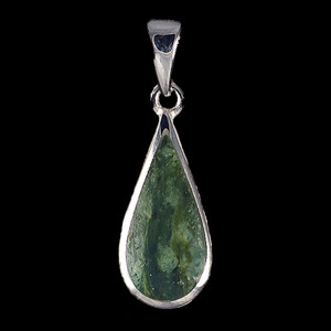 This rare teardrop Alaskan Jade piece is inlayed into a sterling silver pendant.  This pendant comes with an 18" Sterling Silver chain.  The dimensions of the Alaskan Jade pendant is approximately .74" x .32".