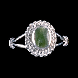 Oval Shaped Alaskan Jade with Rope Border Sterling Silver Ring | F&F Inc.This breathtaking oval shaped Alaskan Jade design is inlayed into a elegant sterling silver ring with a rope border.  The dimension of the stone on the ring is approximately .36" x .415".  The product id # is RJ-1017-S.         This ring comes in the following sizes for the sterling silver ring band.  Size 5, 6, 7, 8, 9 and 10