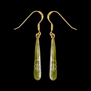 This elegant Long Teardrop Alaskan Jade piece is inlaid into 14K Gold french wire earring.  This stylish piece is accentuated with 14K Gold bars.   The measurements of the earrings are approximately 1.20" x .15".