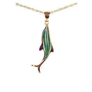 Dolphin Mammoth 22K Gold Pendant | F&F Inc.

This unique medium dolphin shaped piece of Alaskan Jade is inlayed into a 22K Gold pendant.  This pendant comes with an 18" 22K Gold chain.  The dimensions of the Alaskan Jade pendant is approximately. 1.38" x .35".  The product id # is PJ-1067-G

It is a 22K plate on sterling silver. The plating is with 30mils of 22k gold. Typically plating is done with 3mils of gold. We work with the extra gold plating to ensure your beautiful jewelry piece will have a strong gold color for years to come!!  

Genuine Jade (nephrite) is a fascinating gemstone and the state gem of Alaska. In prehistoric times, prized for its toughness, jade was used to make weapons, tools and later simple ornaments. Jade purportedly can protect you from evil, attract love and of course bring you good luck. It is now regarded as a symbol of energy and beauty. Stimulating creativity and mental agility along with harmony and balance. The jade we use comes from the Nana Region of Alaska.

All pendants come boxed with a Alaskan Jade story card.

Enjoy your unique piece of history!

Features
Made in the USA!! 
Alaskan Jade
Dolphin Shaped
18" 14K Gold chain
22K Gold Plate
Sterling Silver

Lifetime Guarantee!!