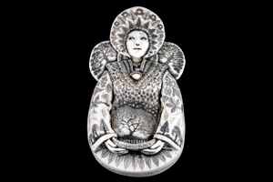 This is a gorgeous wall plaque was originally hand etched Woodland Goddess Wall Plaque design.  Besides the stunning Woodland Goddess, the Tree of Life, Acorns and other nature designs are ethced into this piece.  This is part of the incredible line of Mossup Valley Designs that we carry, with the wonderful artist Rachel Badeau.  The dimensions of the plaque are 3.27" x 5.94" x 1.01".  The SKU is MVD WP 18.

With this unique wall plaque, there are 3D carvings in the design.  

Rachel Badeau has been etching and engraving in a variety of media for over thirty years.  Her work, characterized by fine line and intricate detail, attempts to touch the hearts and emotions of others.  All while reflecting her love of animals, nature and the human spirit.