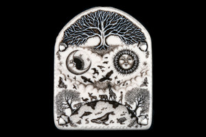 This is a gorgeous wall plaque was originally hand etched Small Tree of Life Wall Plaque design.  This is part of the incredible line of Mossup Valley Designs that we carry, with the wonderful artist Rachel Badeau.  The dimensions of the plaque are 3.38" x 4.36" x 0.32".  The SKU is MVD WP 4.

Rachel Badeau has been etching and engraving in a variety of media for over thirty years.  Her work, characterized by fine line and intricate detail, attempts to touch the hearts and emotions of others.  All while reflecting her love of animals, nature and the human spirit.  

The resin scrimshaw piece is originally hand etched by Rachel Badeau.  We make a mold of the original piece and do an open cast pour of our resin mixture.  The pieces are removed from the mold and sanded and inked.
