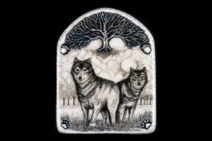 This is a gorgeous wall plaque was originally hand etched Small Wolves Wall Plaque design.  This is part of the incredible line of Mossup Valley Designs that we carry, with the wonderful artist Rachel Badeau.  The dimensions of the plaque are 3.31" x 4.32" x 0.32".  The SKU is MVD WP 9.

Rachel Badeau has been etching and engraving in a variety of media for over thirty years.  Her work, characterized by fine line and intricate detail, attempts to touch the hearts and emotions of others.  All while reflecting her love of animals, nature and the human spirit.  

The resin scrimshaw piece is originally hand etched by Rachel Badeau.  We make a mold of the original piece and do an open cast pour of our resin mixture.  The pieces are removed from the mold and sanded and inked.