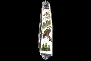 This artistic hand etched Vertical Eagle perched on a tree design on a 440 Stainless Steel Dual Blade Knife.  The knife design is similar to the Shrade 2222 knife.  This beautiful knife is part of the Scrimshaw Collection, with those words laser engraved into the blade.  The DB 2222 knifes come with the pictured leather sheath and each scale is made with Bovine Bone.  The DB 2222  Knife has bolsters that are nickel silver with brass pins and liner.  It is a dual blade knife and a very useful pocket knife.  The dimensions of the DB 2222 Pocket Knife with the blade closed are 3.48" x 0.90" x 0.58".  The large blade itself is approximately 2.67" making the width of the knife with an open blades 6.15".  The small blades length is approximately 1.90".  The SKU is DB 2222 - 114CV.

The scrimshaw is inked with colored india ink and sealed with renaissance wax, which is used by museums for antique restoration.  It also helps bring out the beauty of the artwork as well as in the cow bone. The knife is water resistant, but not waterproof.

The back of the knife is a blank Bovine bone.  Personal messages can be added.  It is $15 for one additional line.  This can be selected in the personalized settings.