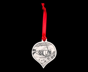 This is a stunning teardrop ornament with a Snorkle Santa Scene.  This is part of our Save the Elephant Collection that we make, with the wonderful artist Linda Layden.  The dimensions of the ornament are 1.91" x 1.37" x 0.12".  The SKU is NC 50T - 04S

On this teardrop ornament is unique etched Snorkle Santa design. With the tropical Santa design on one side, the back has a sanded finish.