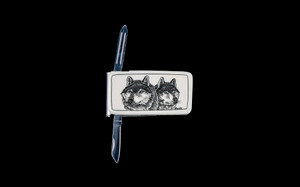 Double Wolf Large Rectangle Money Clip opened.  This beautiful originally hand etched Double Wolf Face design on a Large Rectangle Knife Money Clip.  This unique money clip has a small knife blade and a nail filer.  This is a practical money clip that duals as a practical knife.

The artwork was originally hand etched by Linda Layden.  The dimensions of the Large Rectangle Knife Money Clip with the blade(s) closed are 2.08" x 1.32" x 0.30".  The knife blade itself is approximately 1.45" and the nail file is approximately 1.50", making the width of the money clip with both open 5.03".  The SKU is NC 20 - 105A.