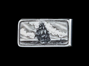 This beautiful originally hand etched Tall Ship design on a Large Slide Rectangle Money Clip.  This unique piece is a slide money clip.

The artwork was originally hand etched by Linda Layden.  The dimensions of the Large Rectangle Money Clip is 2.08" x 1.32" x 0.30".  The SKU is NC 20 - 401.