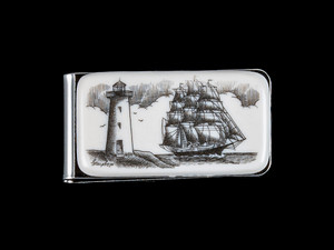 This beautiful originally hand etched Ship and Lighthouse design on a Large Slide Rectangle Money Clip.  This unique piece is a slide money clip.

The artwork was originally hand etched by Linda Layden.  The dimensions of the Large Rectangle Money Clip is 2.08" x 1.32" x 0.30".  The SKU is NC 22 - 406.

Linda Layden has been making beautiful works of art in the scrimshaw field for over 40 years.  Originally a hobby that became a full time job.  Her work can be found in gift shops, galleries and museums across the world.  

The resin scrimshaw piece is originally hand etched by Linda Layden.  We make a mold of the original piece and do an open cast pour of our resin mixture.  The pieces are removed from the mold and sanded and inked.

We believe that serving nature is one of the commissions that we as humans have been given here on earth.  We wish to lend our resources to those charged with protecting elephants from poaching for their ivory. 

On a monthly basis we donate to organizations whose purpose to protect the elephants and other species throughout the planet.  We focus our donations on organizations that put the money to good use and have a low overhead. With the majority of incoming funds going back to saving the elephants!

Features
Hand Etched Acrylic Resin Scrimshaw 
Originally Hand Etched in the USA! 
NC 22 Large Rectangle Money Clip Knife
Stainless Steel 
Nautical Design
Ship and Lighthouse
Save the Elephant Collection
