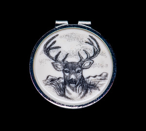 Sample of NC 24 103 Deer Round Spring Money Clip. This beautiful originally hand etched Deer design on a Rond Spring Money Clip.  This unique piece is a spring money clip.  The back of the money clip has a stainless steel spring that will hold your money secure.  Regardless if it is a small or large stack of bills.  

The artwork was originally hand etched by Linda Layden.  The artistic insert is an 1.5", the size of a silver dollar.  The dimensions of the Large Rectangle Money Clip is 1.68" x 1.81" x 0.46".  The SKU is NC 24 - 103.