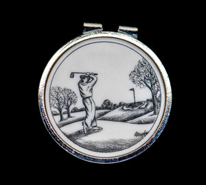 Golfer Money Clip.  This stunning originally hand etched Golfer design on a Rond Spring Money Clip.  This unique piece is a spring money clip.  The back of the money clip has a stainless steel spring that will hold your money secure.  Regardless if it is a small or large stack of bills.  

The artwork was originally hand etched by Linda Layden.  The artistic insert is an 1.5", the size of a silver dollar.  The dimensions of the Large Rectangle Money Clip is 1.68" x 1.81" x 0.46".  The SKU is NC 24 - 152.
