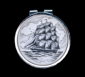 Tall Ship Spring Money Clip. This stunning originally hand etched Tall Ship design on a Rond Spring Money Clip.  This unique piece is a spring money clip.  The back of the money clip has a stainless steel spring that will hold your money secure.  Regardless if it is a small or large stack of bills.  

The artwork was originally hand etched by Linda Layden.  The artistic insert is an 1.5", the size of a silver dollar.  The dimensions of the Large Rectangle Money Clip is 1.68" x 1.81" x 0.46".  The SKU is NC 24 - 401.