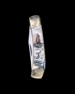 Ship and Whale Colored Vertical LB 5 Blank Cow/Bovine Bone.This beautiful hand etched Ship and Whale Vertical Colored Scrimshaw design on a 440 Stainless Steel Blade LB 5 Knife.  This beautiful knife is part of the Scrimshaw Collection, with those words laser engraved into the blade.  The LB 5 knifes come with the pictured leather sheath and each scale is made with Bovine Bone.  The LB 5 Knife has bolsters and shackle that are nickel silver with brass pins and liner.  It is a lock blade knife and a very useful pocket knife. The dimensions of the LB 5 Pocket Knife with the blade closed are 3.71" x 0.90" x 0.39".  The blade itself is approximately 2.80" making the width of the knife with an open blade 6.51".  The SKU is LB-5 403V