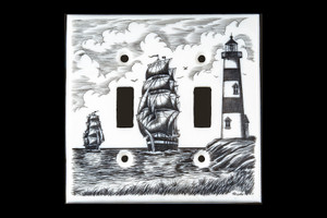 This stunning Double Light Switch Eco - Ivory Scrimshaw Ship and Lighthouse Cover will make a great addition to any room in the house.  The design is set off the coast with two sailing vessals making their way towards a lighthouse.  

This unique Double Light Switch weighs 18.84 ounces.  The dimensions are 4.55" x 4.49"x 0.19".  The item number is LS - 02.