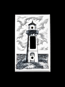 This unique Eco - Ivory Scrimshaw Lighthouse Designed Light Switch Cover will make a great addition to any room in the house.  The scrimshaw design is of a lighthouse along the coast.  

This unique Double Light Switch weighs 1.23 ounces.  The dimensions are 2.79" x 4.52"x 0.30".  The item number is LS - 01.