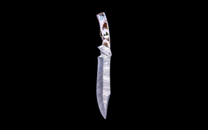 This unique etched colored ink eagle design is done on Shed Moose Antler handle with a straight damascus blade.  It has fancy damascus bolsters.  This Bowie like knife, comes with the pictured leather sheath.

The weight of the knife is 14.64 ounces and the dimensions of the DM 007 Knife is 12" x 1.51" x 0.85".  The blade itself is approximately 7.5".  The SKU is DM 007 113CV. 

The artwork was originally hand etched by Bill Feeney. He received a Bachelor of Arts degree in Mathematics from Saint Francis College in Bidderford, Maine, In 1973 I accepted a teaching position at Westport High School where I met Robert Rayno, the art teacher. As part of the class curriculum, he taught a section on scrimshaw. I sat in on many of his classes and purchased the necessary tools and ivory to begin etching. Combining my natural artistic ability with the techniques learned from Mr. Rayno, the cornerstone of "Spouting Whale" was established.

During the winter season, moose shed their antlers before regrowing them in the spring. The shedding process, also known as casting, is a normal event that occurs annually for many male cervids—a group of hoofed mammals like moose, deer and elk.

Damascus steel is a type of steel easily recognisable by its wavy patterned design. Aside from its sleek look and beautiful aesthetics, Damascus steel is highly valued as it is hard and flexible while maintaining a sharp edge. Weapons forged from Damascus steel were far superior to those formed from just iron.  It a combination of carbon steel and regular steel that is folded 71 times.  

Features:
Scrimshaw
Animal Design
Eagle
Colored Ink
Shed Antler Handle
Leather Sheath
Straight Blade Knife

Bowie Style Knife
Damascus Bolsters
Damascus Blade

Carbon and regular Steel
Folded 71 times