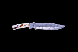 This unique etched colored ink moose design is done on Shed Moose Antler handle with a straight damascus blade.  It has fancy damascus bolsters.  This Bowie like knife, comes with the pictured leather sheath.

The weight of the knife is 14.64 ounces and the dimensions of the DM 007 Knife is 12" x 1.51" x 0.85".  The blade itself is approximately 7.5".  The SKU is DM 007 119C. 

The artwork was originally hand etched by Bill Feeney. He received a Bachelor of Arts degree in Mathematics from Saint Francis College in Bidderford, Maine, In 1973 I accepted a teaching position at Westport High School where I met Robert Rayno, the art teacher. As part of the class curriculum, he taught a section on scrimshaw. I sat in on many of his classes and purchased the necessary tools and ivory to begin etching. Combining my natural artistic ability with the techniques learned from Mr. Rayno, the cornerstone of "Spouting Whale" was established.

During the winter season, moose shed their antlers before regrowing them in the spring. The shedding process, also known as casting, is a normal event that occurs annually for many male cervids—a group of hoofed mammals like moose, deer and elk.

Damascus steel is a type of steel easily recognisable by its wavy patterned design. Aside from its sleek look and beautiful aesthetics, Damascus steel is highly valued as it is hard and flexible while maintaining a sharp edge. Weapons forged from Damascus steel were far superior to those formed from just iron.  It a combination of carbon steel and regular steel that is folded 71 times.  

Features:
Scrimshaw
Animal Design
Moose
Colored Ink
Shed Antler Handle
Leather Sheath
Straight Blade Knife

Bowie Style Knife
Damascus Bolsters
Damascus Blade

Carbon and regular Steel
Folded 71 times