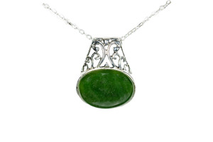Elegant Oval Alaskan Jade Sterling Silver Pendant | F&F Inc.

This elegant Oval Alaskan Jade pendant with an elaborate sterling silver design.  The measurements of the earrings are approximately .78" x .94".  The product ID is EJ-1108-S.

Genuine Jade (nephrite) is a fascinating gemstone and the state gem of Alaska. In prehistoric times, prized for its toughness, jade was used to make weapons, tools and later simple ornaments. Jade purportedly can protect you from evil, attract love and of course bring you good luck. It is now regarded as a symbol of energy and beauty. Stimulating creativity and mental agility along with harmony and balance. The jade we use comes from the Nana Region of Alaska.

Enjoy your unique piece of history!

Features:
Alaskan Jade
Elegant Oval Design
Sterling Silver
Lifetime Guarantee!!