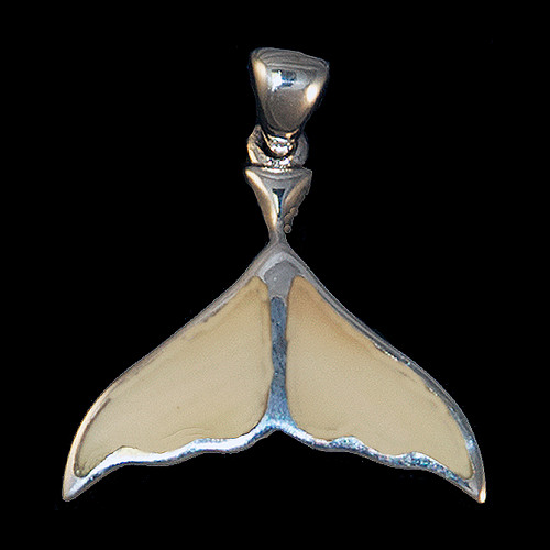 This unique medium whale tail ivory shaped whale tail is inlayed into a sterling silver pendant.  This pendant comes with an 18" Sterling Silver chain.  The dimensions of the mammoth pendant tusk is approximately .88" x .93".