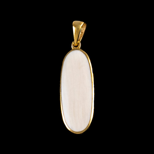 This brilliant narrow oval piece is inlayed into a 14K Gold pendant.  This pendant comes with an 18" 14K Gold chain.  The dimensions of the mammoth pendant tusk is approximately .97" x .38".