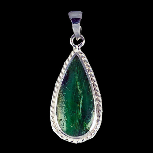 This elegant teardrop shaped Alaskan Jade piece is inlayed into a sterling silver pendant with a rope border.  This pendant comes with an 18" Sterling Silver chain.  The dimensions of the Alaskan Jade pendant is approximately 1.23" x .79".